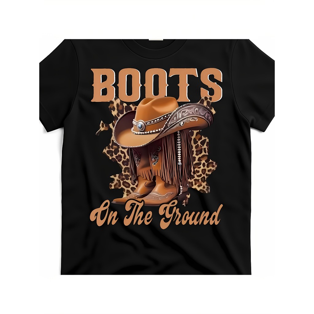 Kaos Katun Musim Panas - T-Shirt Pria Wanita Motif Liburan | Koboi Sepatu Boot Tebal