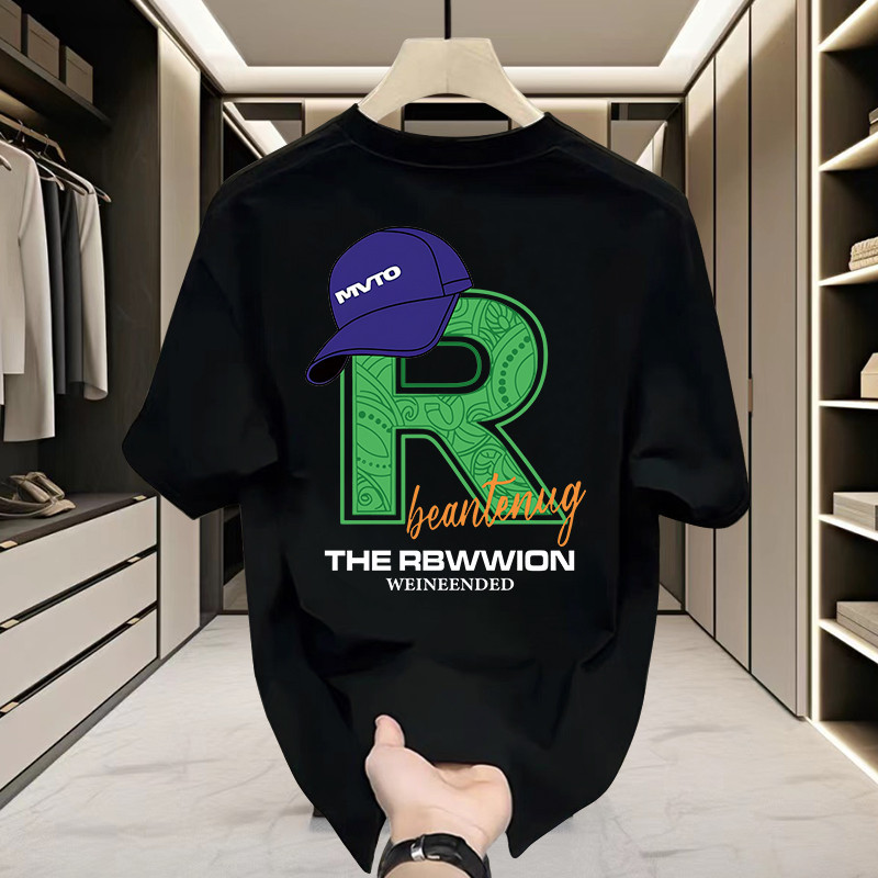 【HOT】 Huruf R dengan topi Outelts Kapas T-shirt Trendy Dicetak Pria Musim Panas Leher Bulat Kasual L