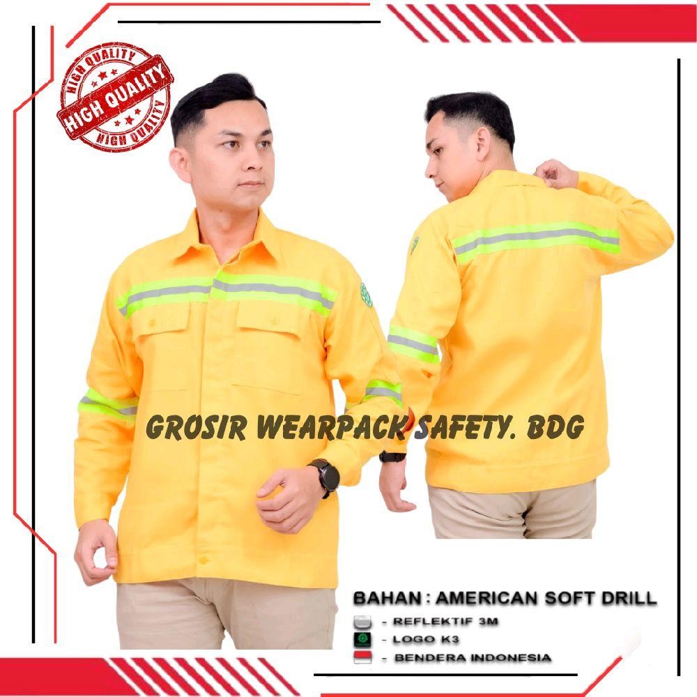 Kemeja Wearpack Safety Warna Kuning Seragam Kerja Baju Atasan Lengan Panjang Lis Strip Hijau | Serag