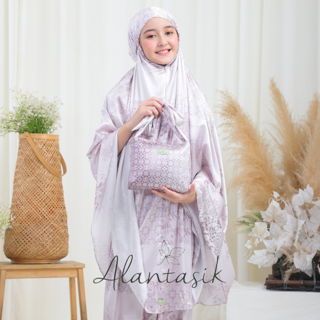Mukena anak 2 in 1  armani satin silk  MOTIF cantik sd kisaran 8,9,10,11,12,13 14 15 tahun