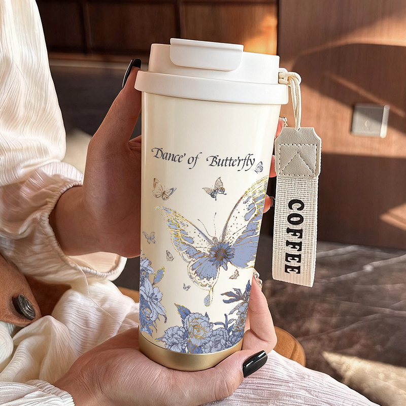 Dreamy butterflies and flowers pattern.﻿ 500ml dual-purpose cup for hot and cold drinks, portable in