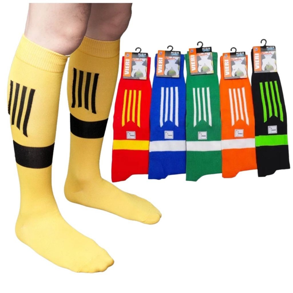 Kaos Kaki Bola Futsal Pria Dewasa Panjang Motif Garis – Warna Hitam Biru Kuning Merah Elastis Nyaman