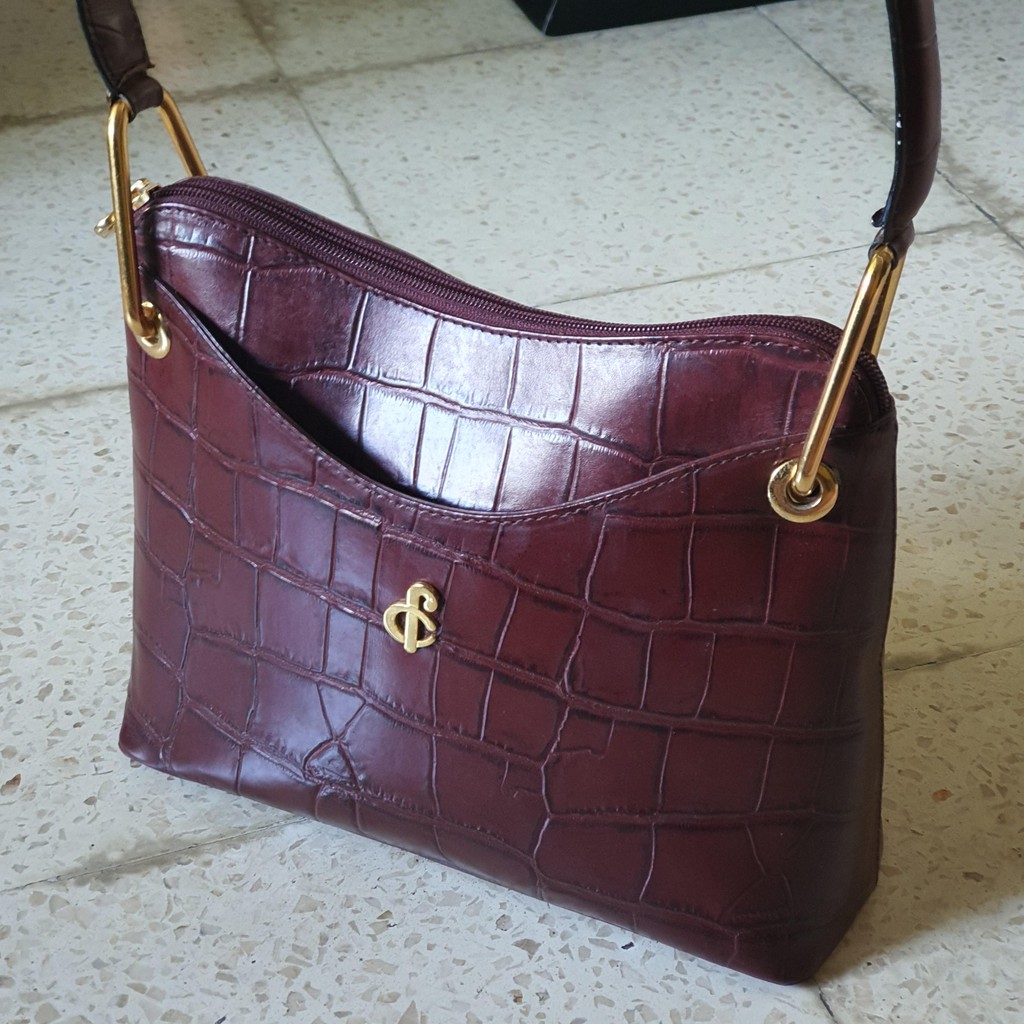 tas wanita hand bag kulit charles louvier ungu tua burgundy preloved second bekas