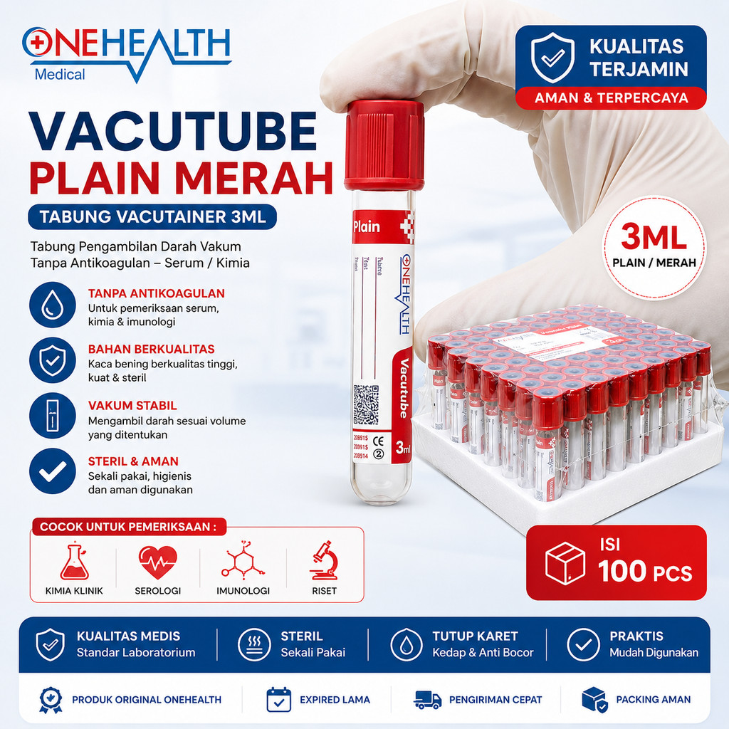 OneHealth Vacutainer Plain Merah 3ml Blood Collection Tube Tabung Serum Laboratorium Steril Isi 100 