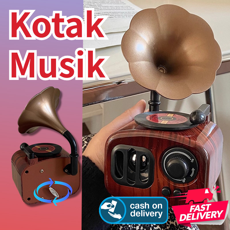 Ready Stock Kotak Musik Gramophone Vintage Retro Klasik Hand Crank Dekorasi Meja Rumah Pajangan Hadi