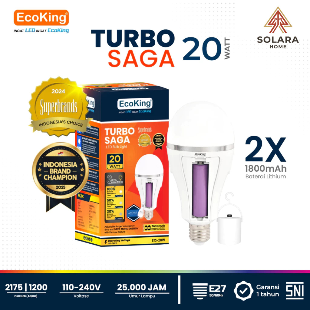 EcoKing Lampu LED Emergency 20W Turbo Saga ETS-20W Putih - Bohlam Darurat Cas 3 Level DC