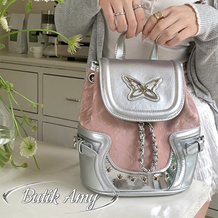 [COD]Backpack  Y2K Tas Bahu Rntai Tas Wanita Perak Lucu Perguruan Tingg Lucu Import Korea