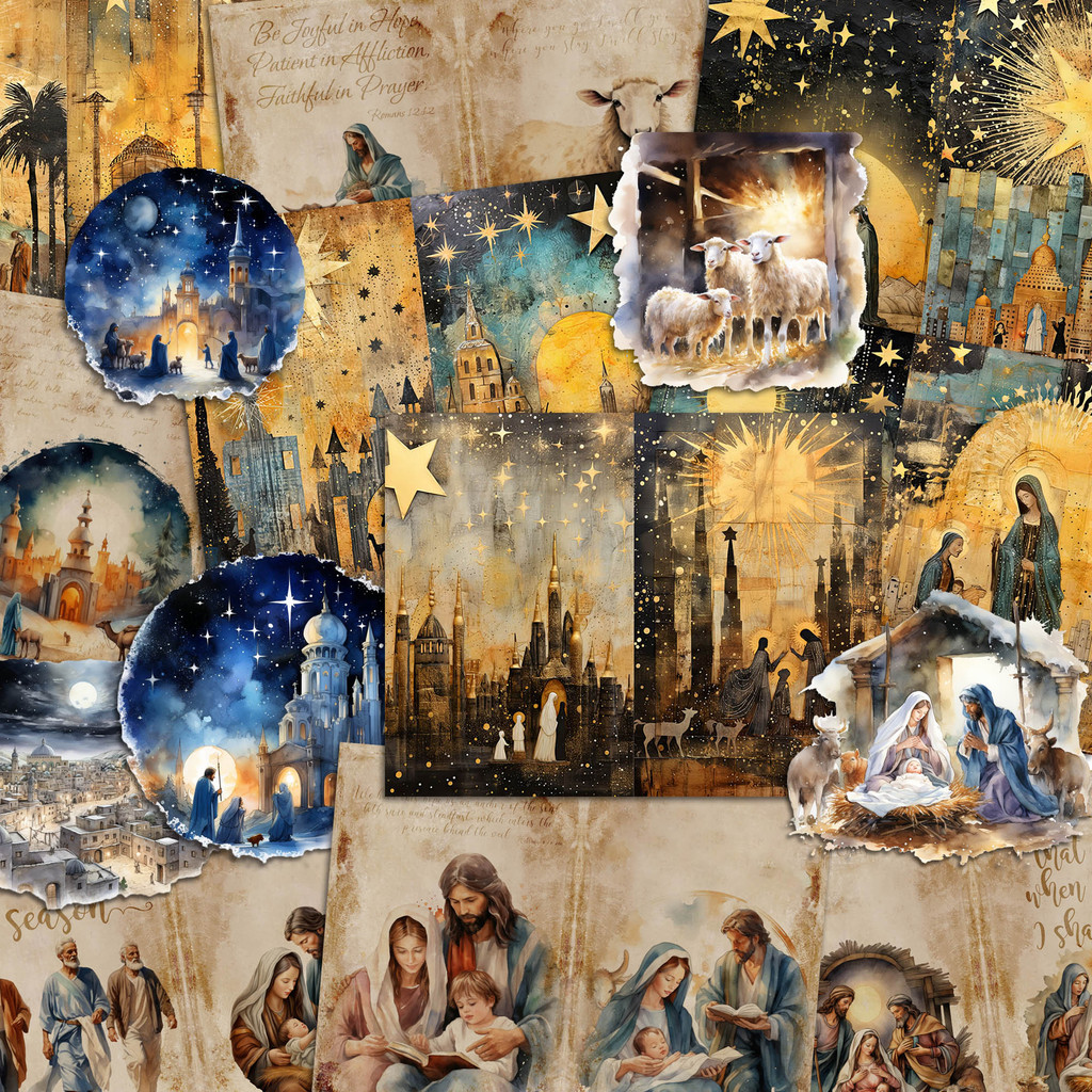 

JAIIMAN 52pieces Religious Nativity Bible Stories Scrapbook Paper Set,forArts Crafts,Scrapbooking Supplies,Junk Journals,Ephemer