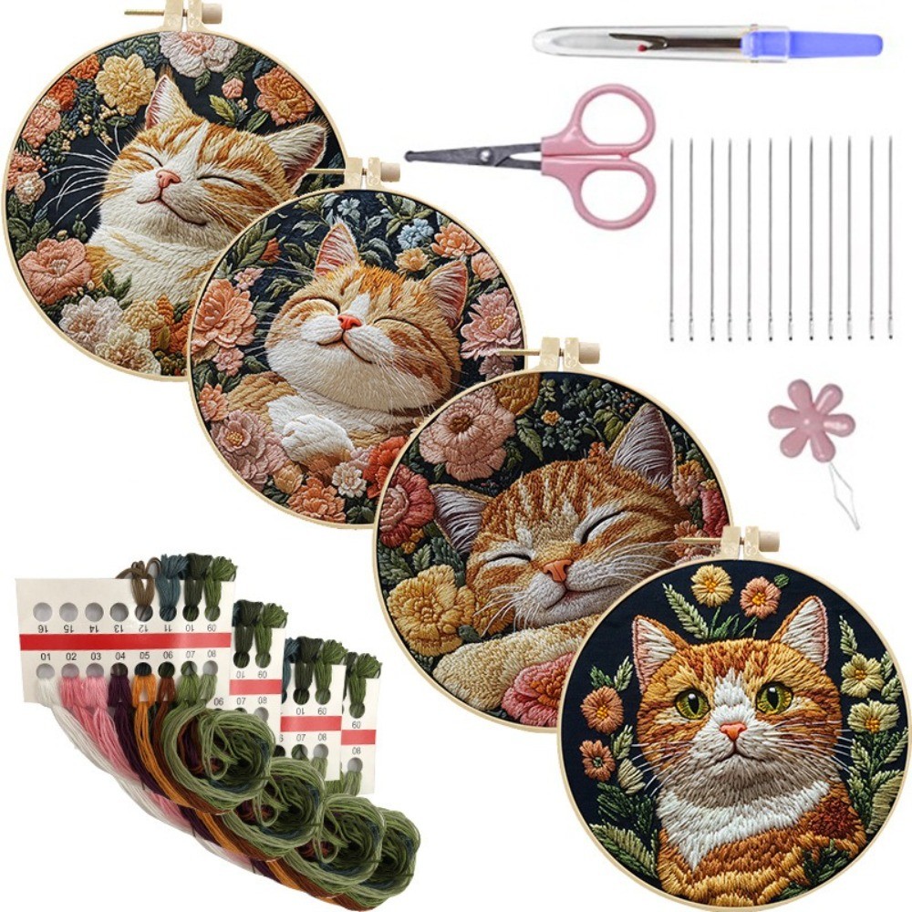 

1 Set Cat Embroidery Kit Embroidery Frame Scissors Fabric Material Package Seam Remover with Patterns DIY Craft Kits Handmade