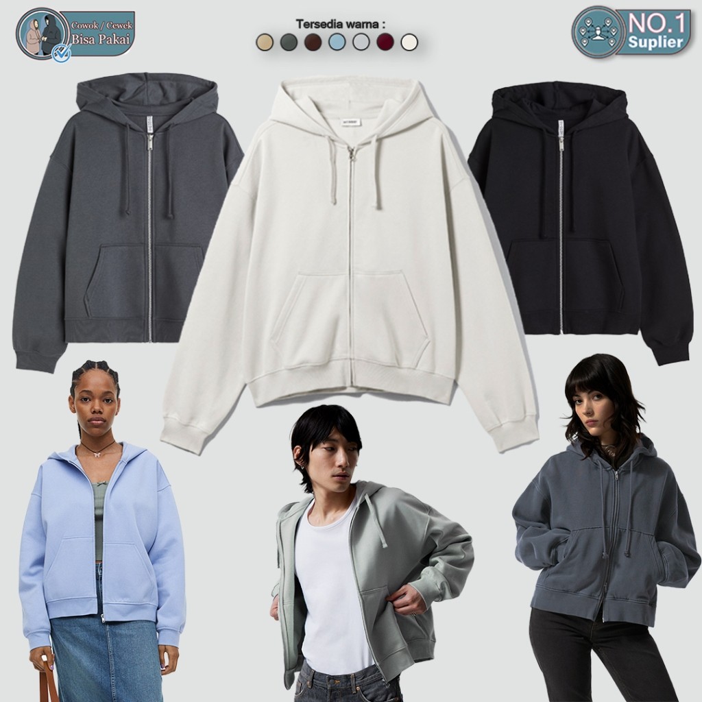 XERFARTZ Zipper Boxy Oversize Basic Polos Lengan Balon Hoodie Zipper Wanita Sweater Wanita Crop Zip 