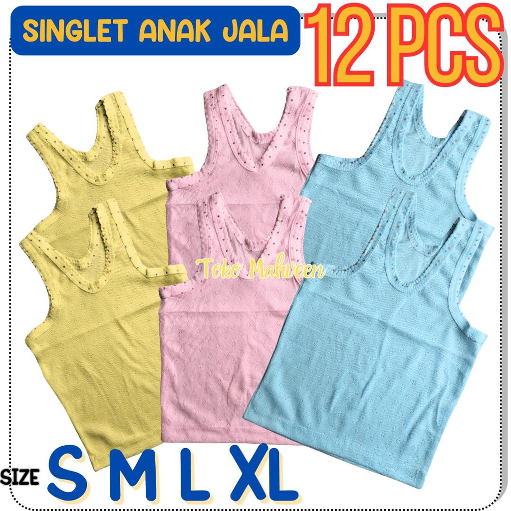 Best Seller 12 PCS Singlet Anak Balita Kaos Dalam Anak Bayi Motif Jala Bolong Cantik