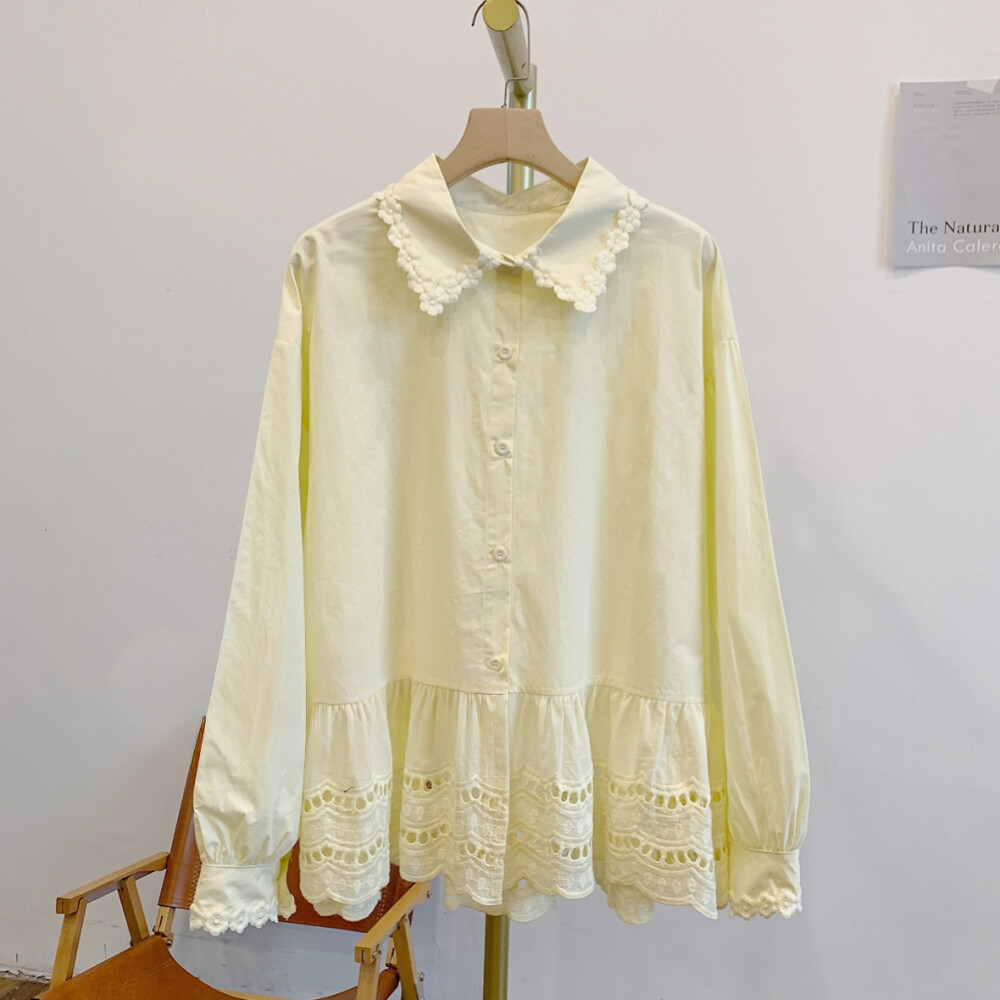 XERFARTZ Blouse Wanita Kerah Polo dengan Renda Hiasan | Longgar | Lengan Panjang | Bentuk Kerah Polo