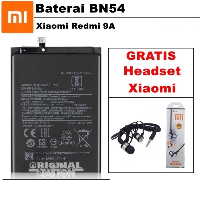 Baterai Xiaomi  BN54 Battery Xiaomi Redmi 9A (5020 mAh) Oryginal GRATIS Headset Hifi Xiaomi