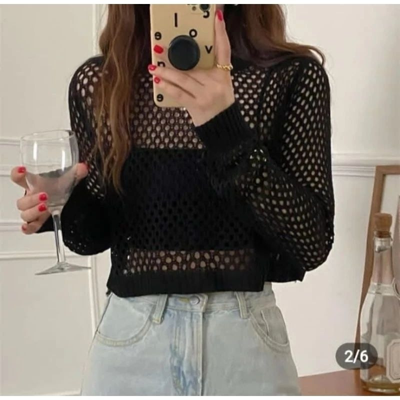 Sweater Fuji Basic Crop Top Rajut Jaring Ootd / Sweater Crop Top Rajut Jaring Fuji