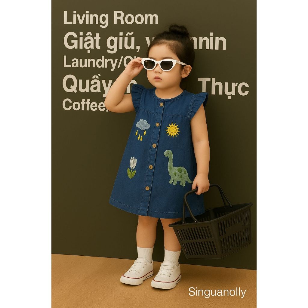 XIAO XING XING Dres Dino Little Maven Denim Lembut 3 Tahun-dress anak perempuan