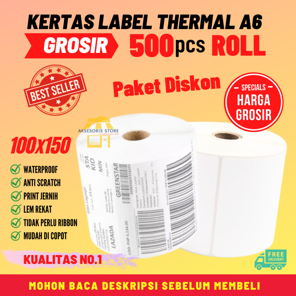 

KERTAS THERMAL LABEL STICKER 100X150 500PCS ROLL UKURAN A6 RESI BARCODE
