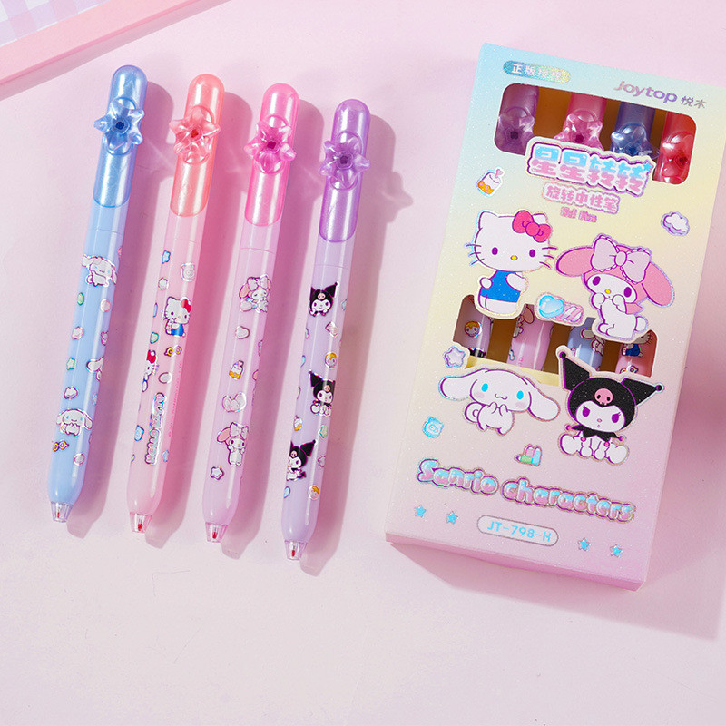 

4pcs Sanrio Family Gel Pen Cartoon Cute Turn And Decompress 0.5mm Black St Student Supplies Stationery Wholesale Gifts