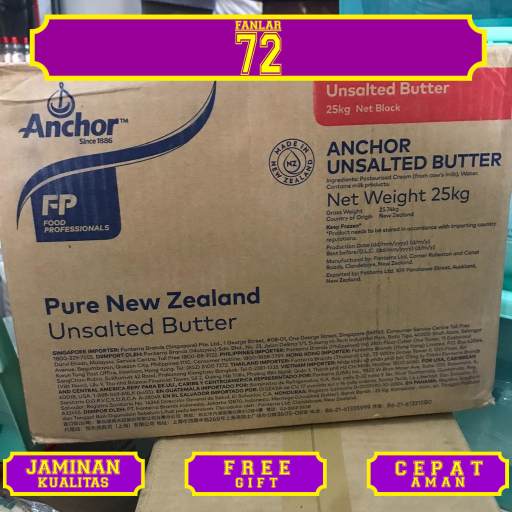 

Anchor Unsalted Butter 25kg - Butter Unsalted Mentega Tawar Gosend / Grab Only!!!