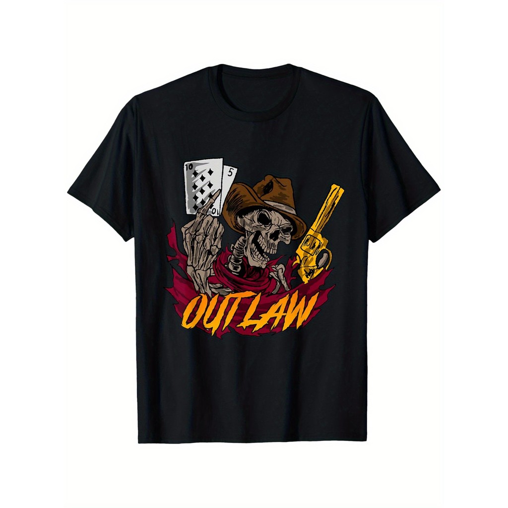 Kaos Pria Koboi Buronan Barat Katun 180g Desain Tengkorak Pistol