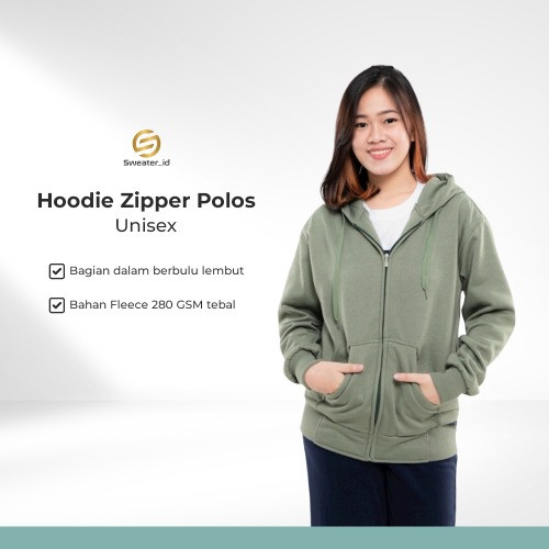 Jaket Hoodie Zipper Olive Polos Unisex Fleece Tebal