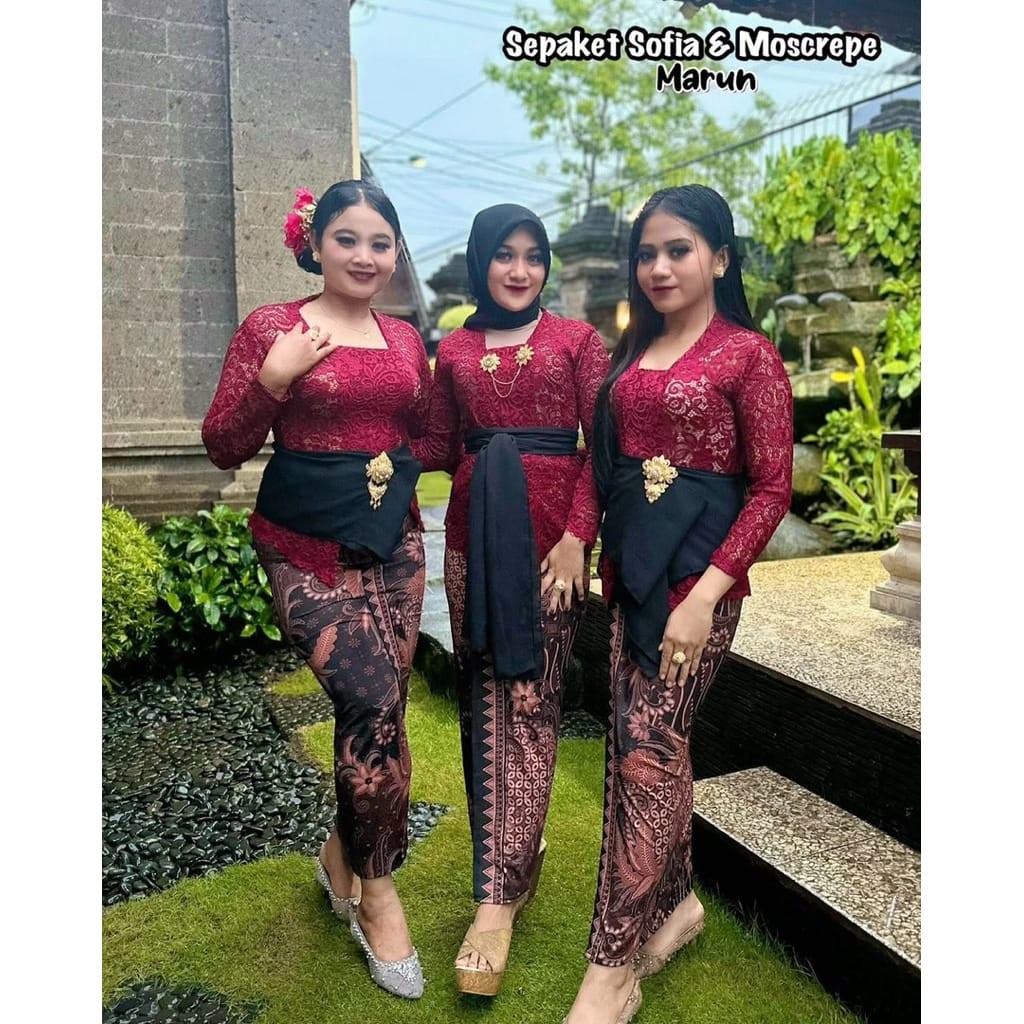Setelan Kebaya Kutubaru+Kamen Bali Melar+Slendang Sifon/Setelan Kebaya Jadi+Rok Moscrepe Melar+Slend