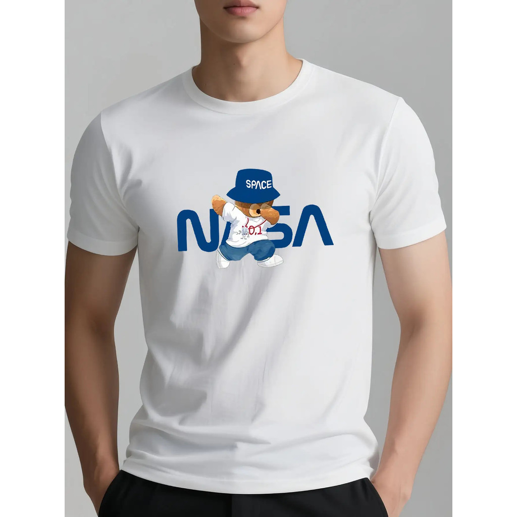 Kaos Grafis Lucu Beruang NASA di Luar Angkasa untuk Pria - Kaos Lengan Pendek Putih Santai dengan Le