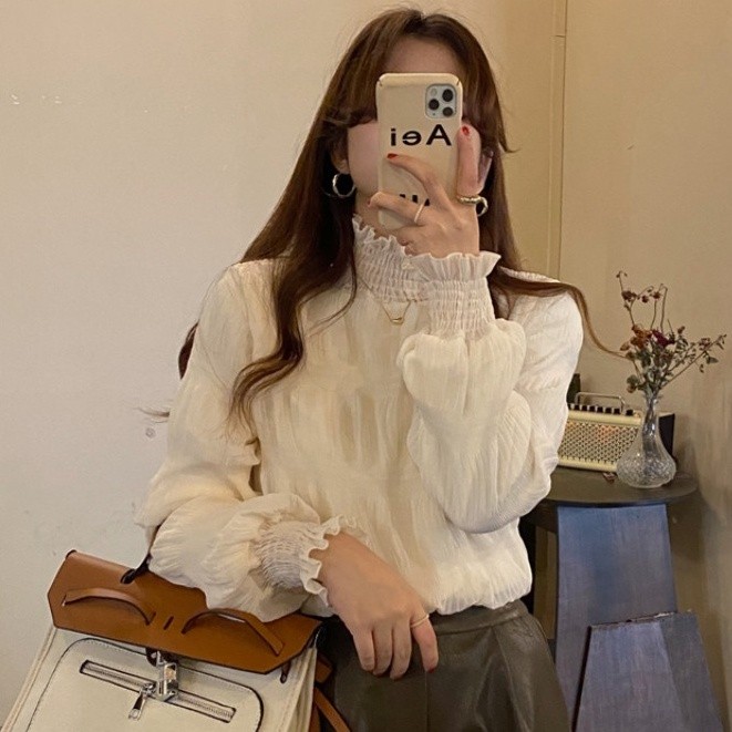 Kemeja lengan panjang wanita, blus longgar sifon lipit leher tinggi gaya Korea