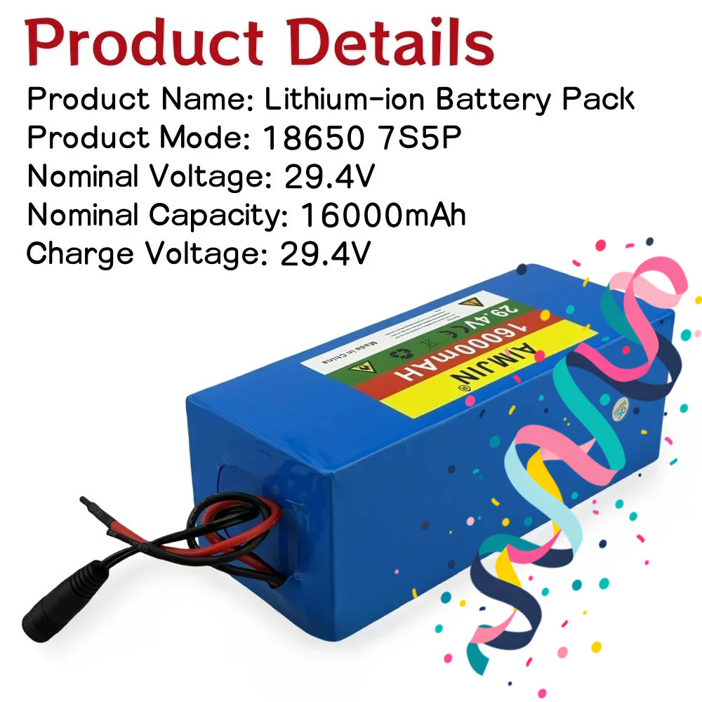 16000mAh 18650 7S5P 24V 16Ah Battery Pack 500W 29.4V  Electric Scooters Lithium-ion Battery Built-in