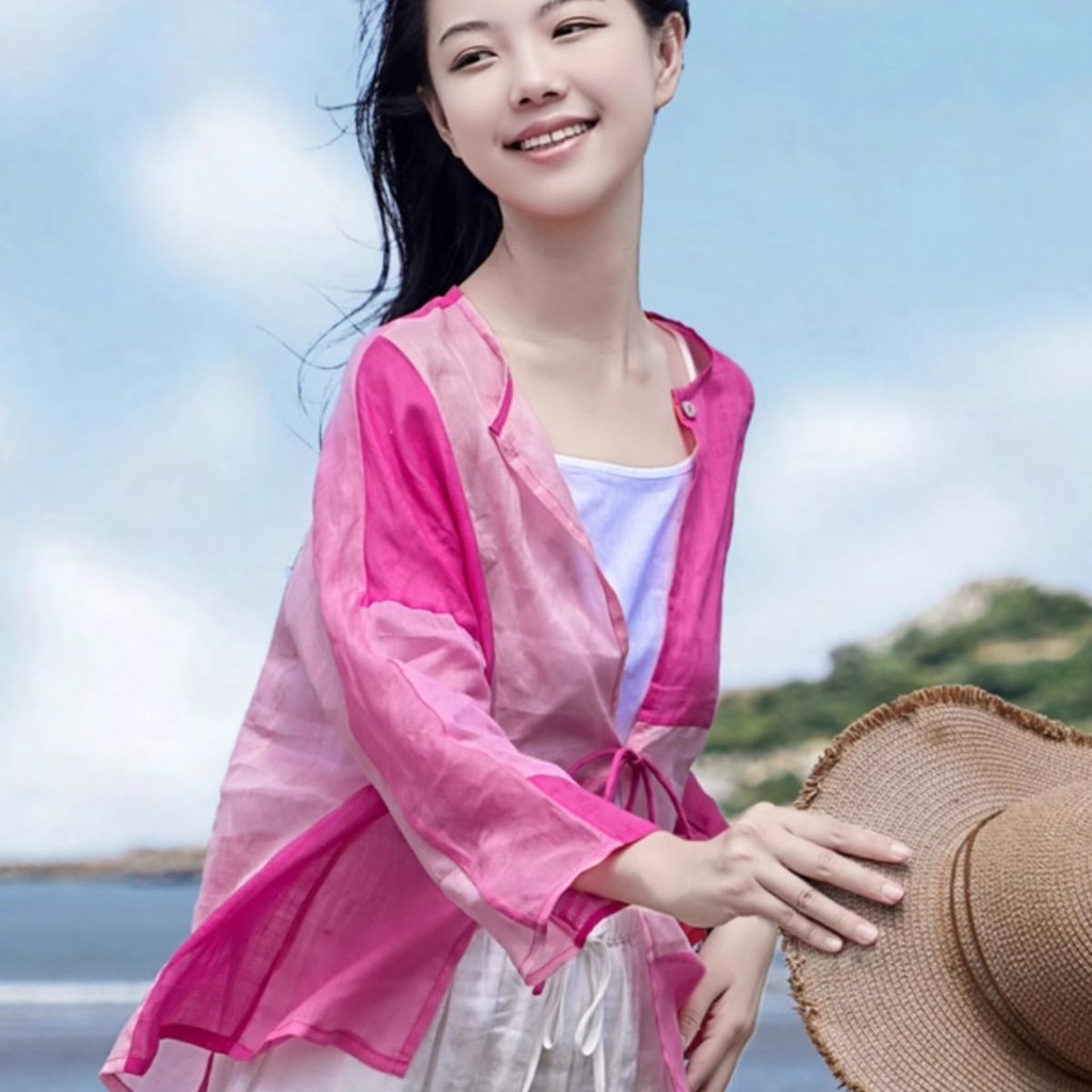 Kemeja Jaket Lengan Panjang Baru Gaya Cina Baru Warna Merah Mawar Blok Kemeja Pelindung Matahari