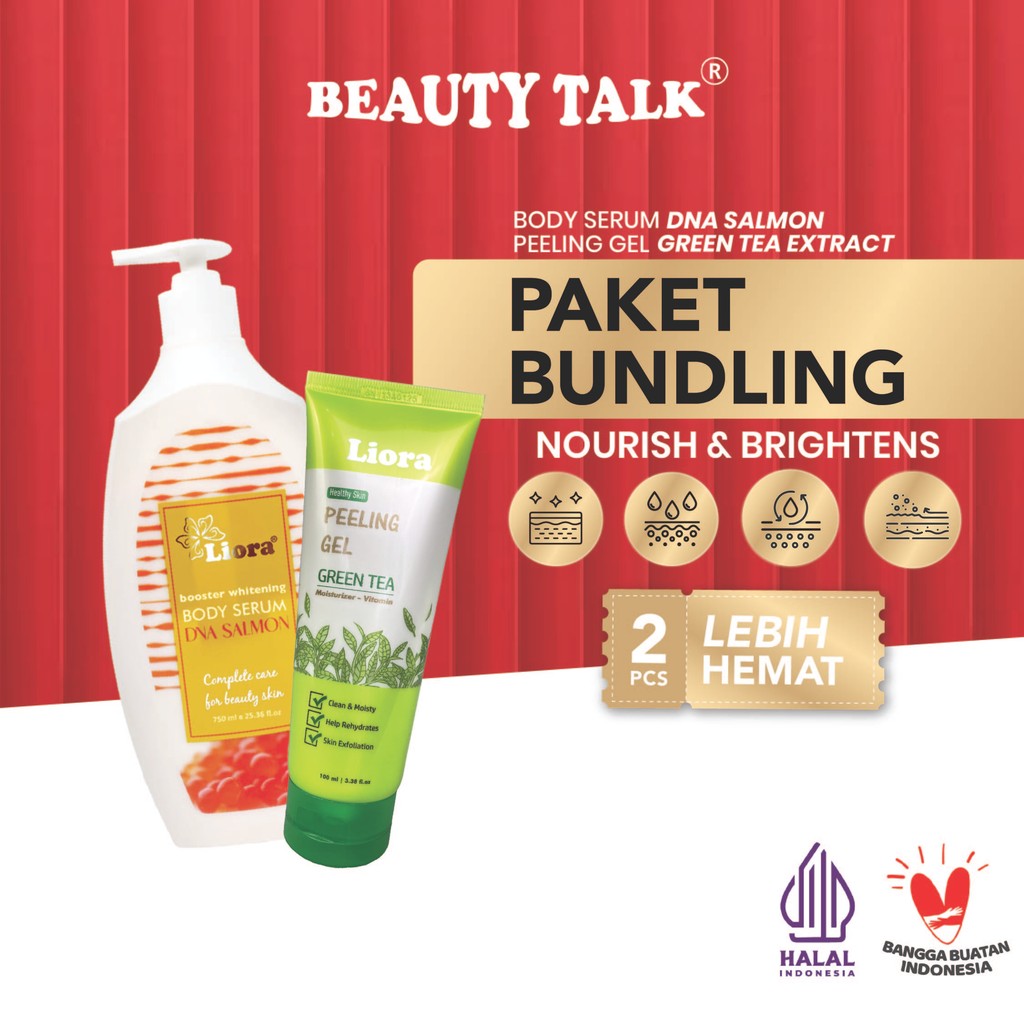 [Bundling Hemat-2Pcs] LIORA Body Serum DNA Salmon 750ml + LIORA Peeling Gel Greentea 100ml