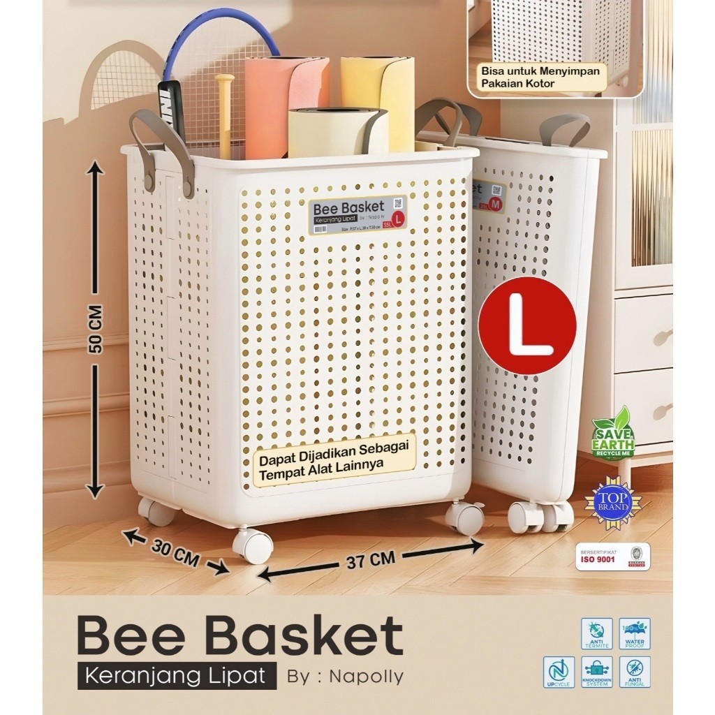BEE BASKET RODA KERANJANG LIPAT LAUNDRY / LAUNDRY BASKET / KERANJANG BAJU / TROLLEY MAINAN / TEMPAT