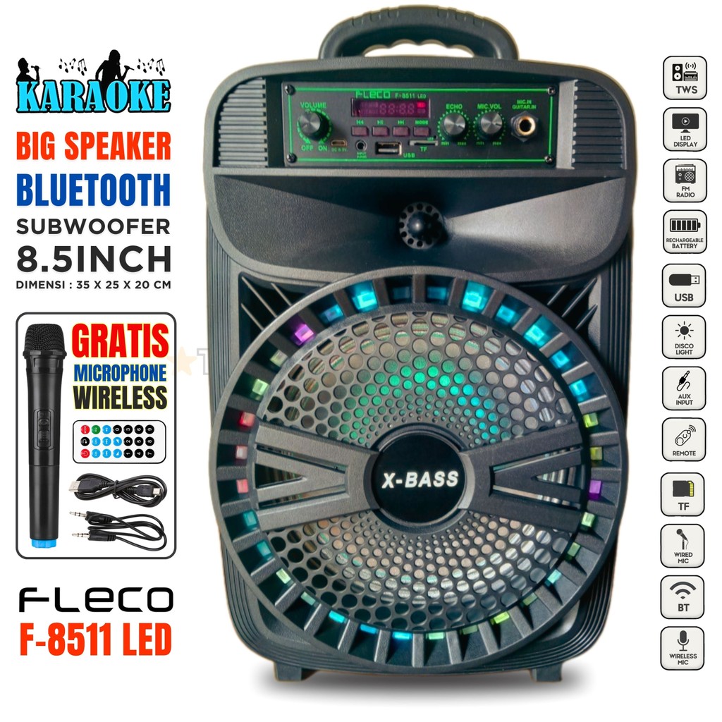 COD NEWW Speaker Aktif Super Bass Bluetooth Karaoke FLECO F-8512 / F-8511 LED GRATIS  MIC WIRELESS +