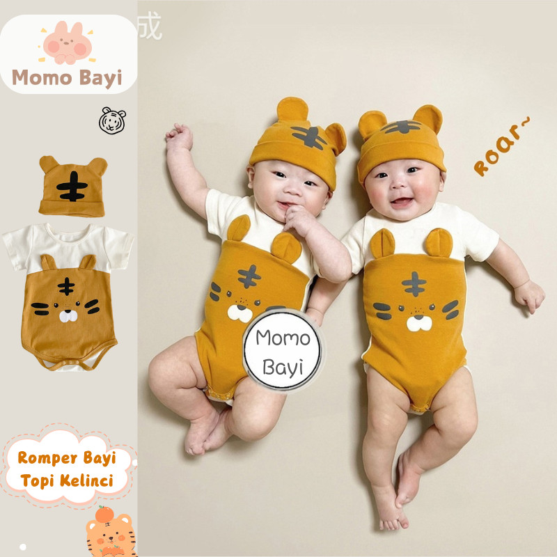 MOMO BAYI - Setelan Romper Bayi Motif Harimau Imut Dengan Topi | Baju Bayi | Anak Jumper 0-2 Tahun