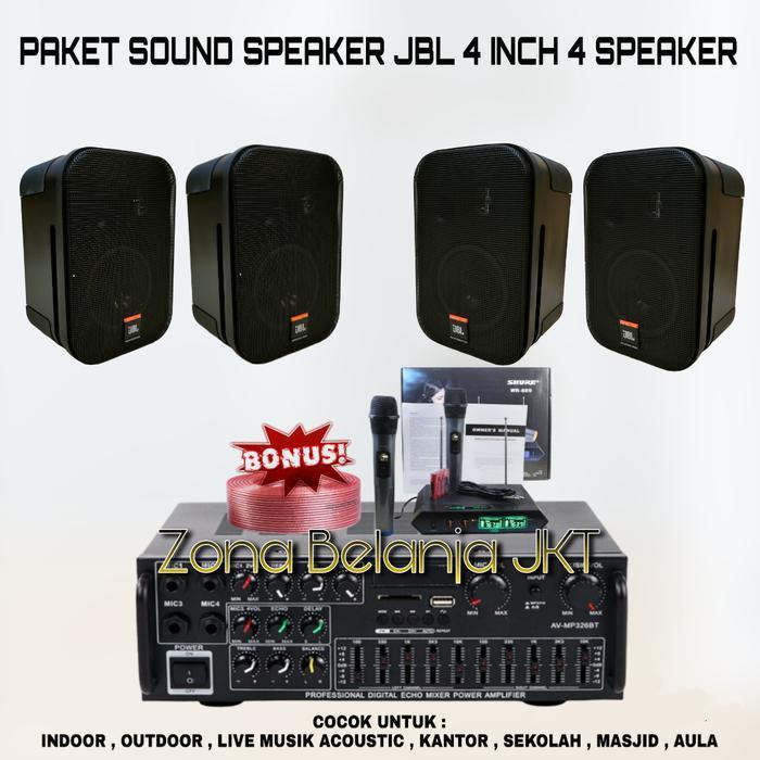 PAKET SOUND SYSTEM CAFE RESTO KANTOR SEKOLAH KLINIK AULA KARAOKE SPEAKER JBL 4 INCH 4 SPEAKER AMPLIF