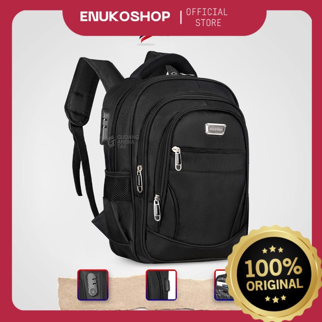 Tas Ransel Sekolah 14 Inch Goldvers Kunci Kombinasi USB Port Free Raincover CVGA