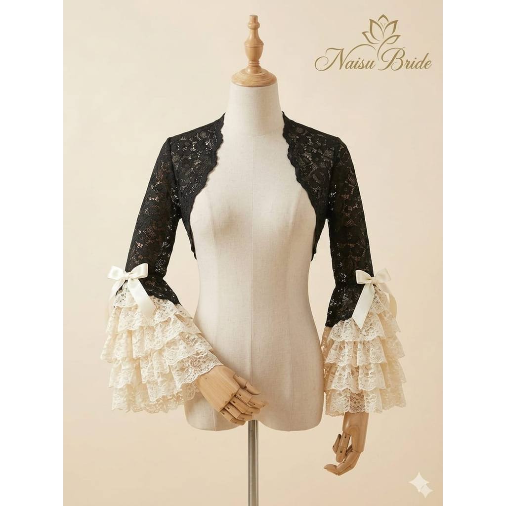 Naisu Outer wanita bridal brukat crop lace ruffle sleeve cream NB608