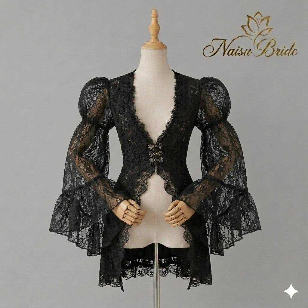 Naisu Kemeja gothic wanita panjang brukat flare elastik puff sleeve lace uk xs-7xl NB692
