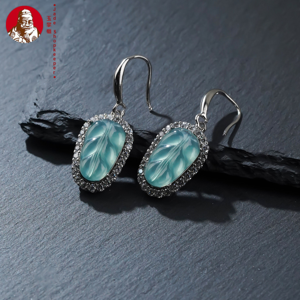 Natural Anting-anting batu giok air biru, tatahan daun air biru, perhiasan anting-anting mewah cahay