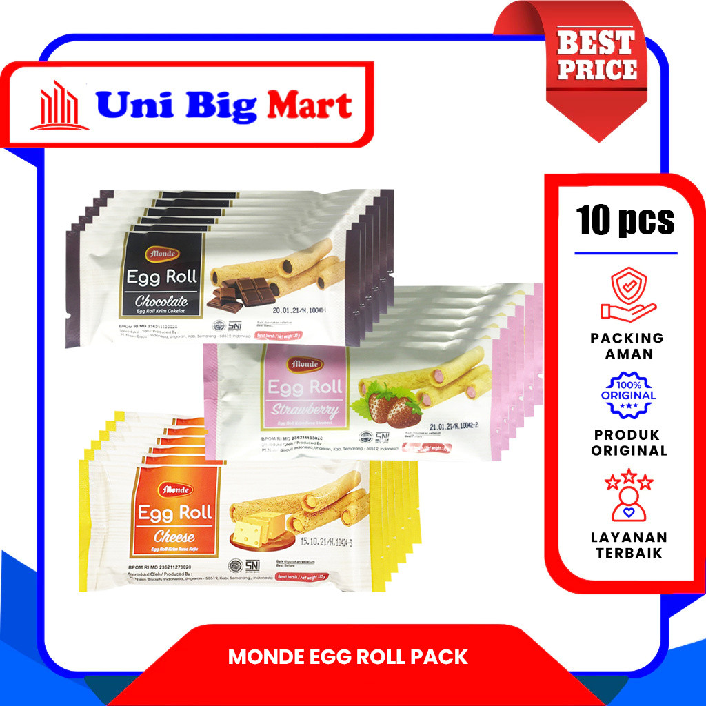 MONDE EGG ROLL STICK BISKUIT CHOCOLATE - STRAWBERRY - CHEESE - (35 gr x 10 pcs) PACK