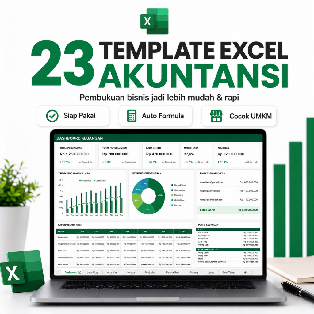 Template Excel Akuntansi 23 File - Pembukuan, Invoice & Laporan Keuangan Otomatis | Cocok untuk UMKM