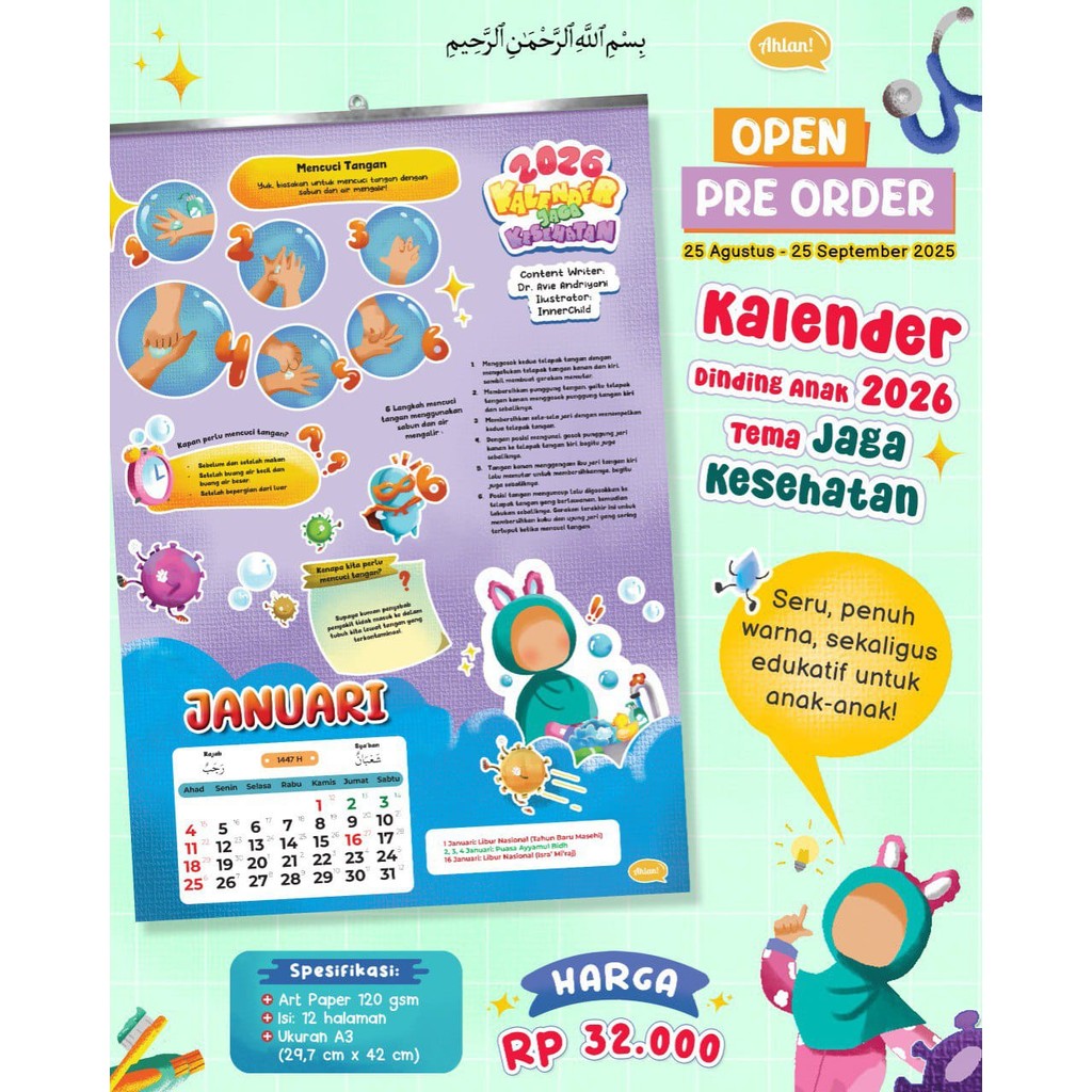 

AHLAN - Kalender Dinding Anak 2026 - Tema Jaga Kesehatan Dilengkapi Penanda Hari Penting Islam