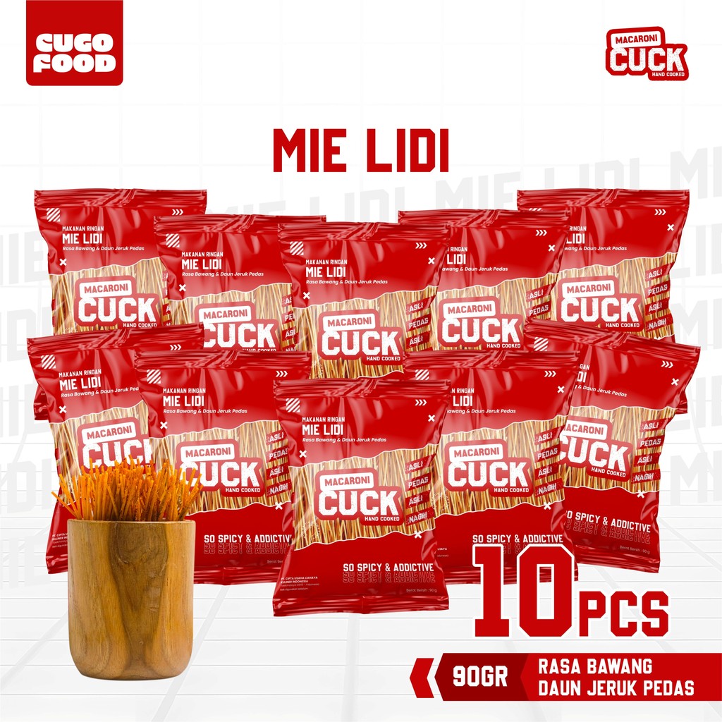 Macaroni Cuck Mie Lidi Pedas Daun Jeruk Kemasan 80 gr x 10 pcs Snack Cemilan Gurih