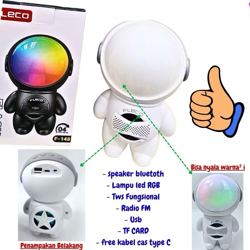 FLECO Speaker Portable Astronot RGB Bluetooth F 148 TWS Radio FM USB SD Card Putih Hitam