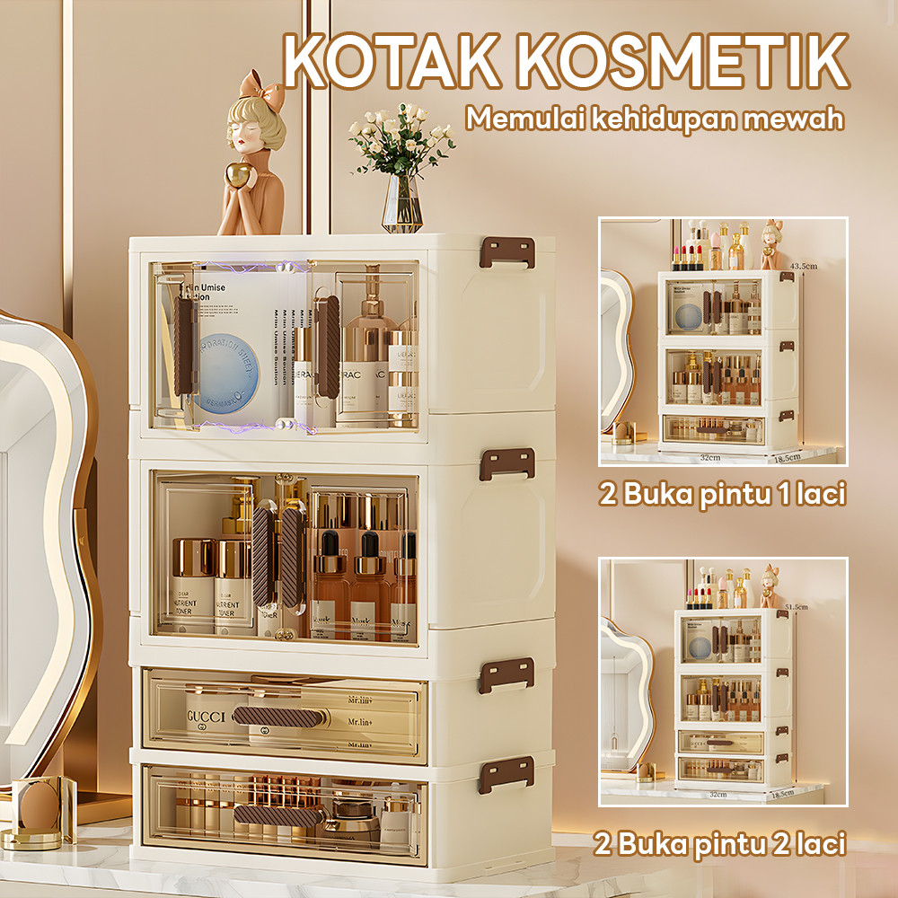 Kotak penyimpanan kosmetik desktop tahan debu dengan laci, meja rias, lemari, rak penyimpanan masker