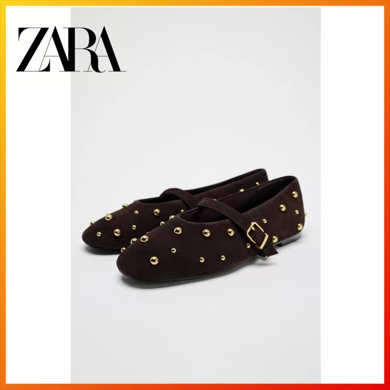 ZARA new women's shoes brown suede leather rivet embellished round toe ballet flats 3567410
