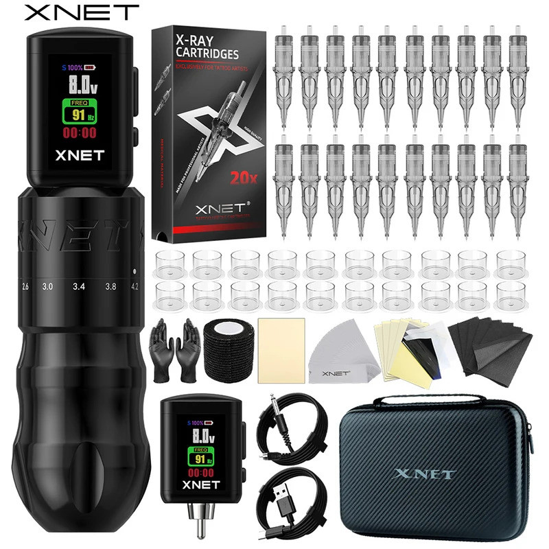 XNET T2 Rotary Tattoo Pen Kit Dengan Catu Daya RCA Nirkabel 7 Stroke yang Dapat Disesuaikan 20pcs Ca