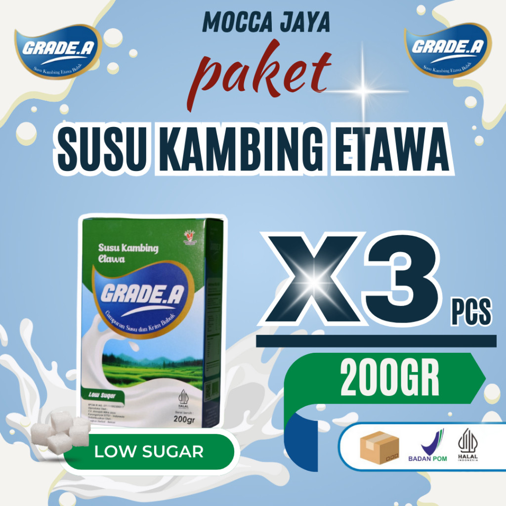 

PAKET 3 BOX GRADE.A SUSU KAMBING ETAWA BUBUK LOW\NON SUGAR 200GR BOX