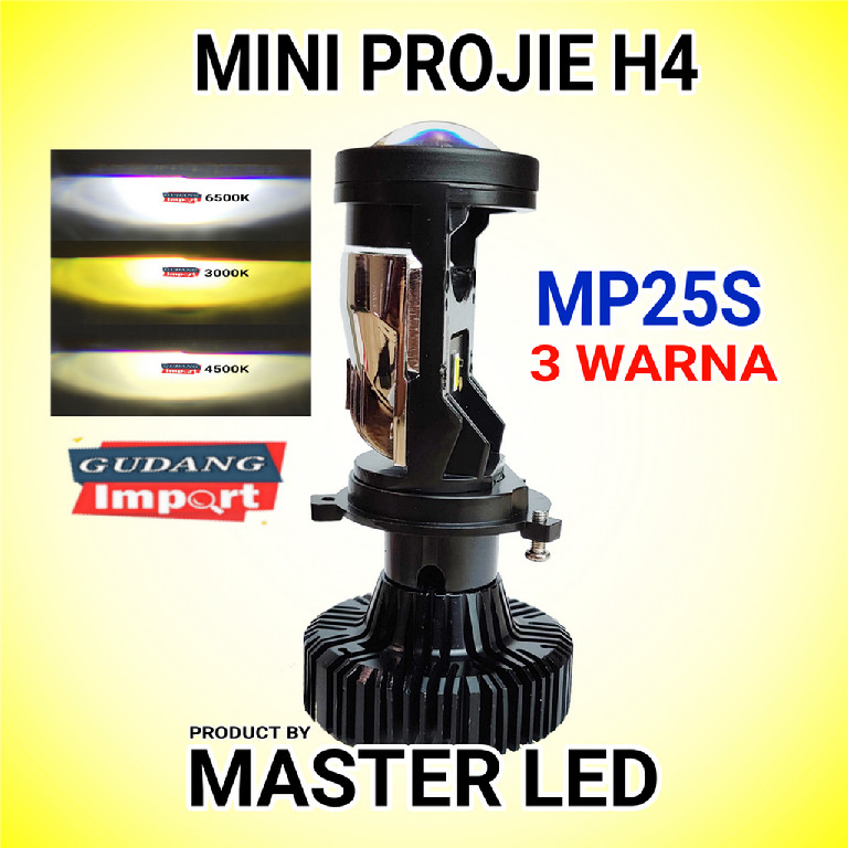 LAMPU LED MOBIL MOTOR H4 MINI PROJECTOR PROJIE MP25S 3 WARNA MASTER LED