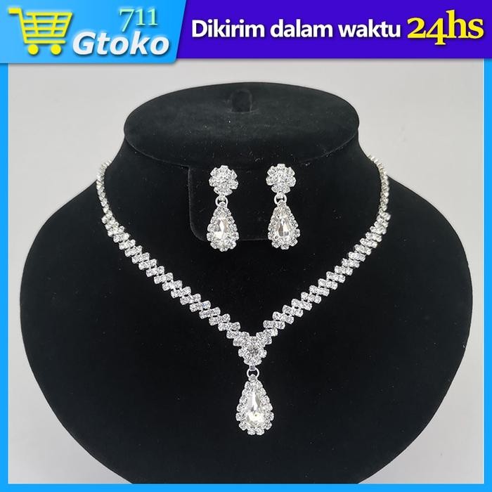 Anting Kalung Set Perhiasan Bridal Pesta Wedding Aksesoris Earring Necklace Jewelry Set - Anting+Kal