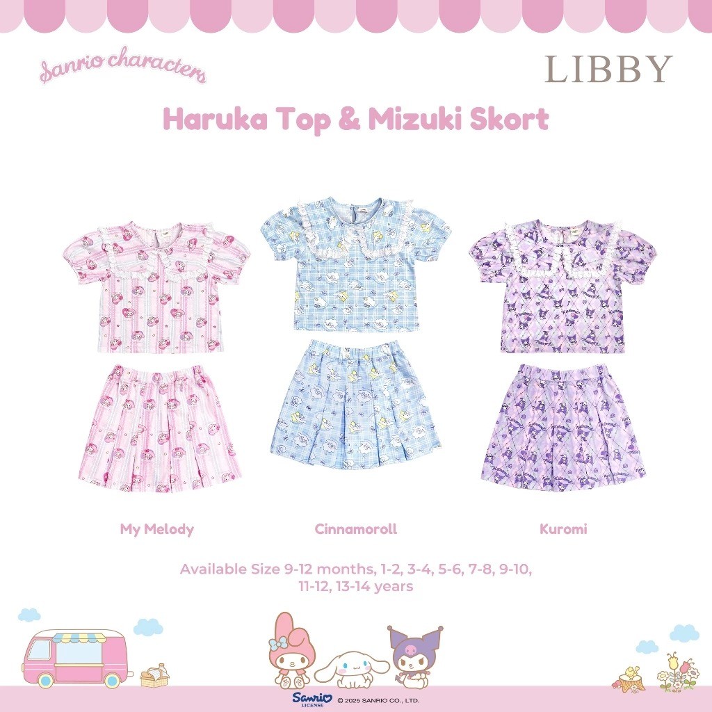 Libby Sanrio Stelan anak Perempuan Korean Style Haruka Top & Mizuki Skort My Melody Cinnamoroll Kuro